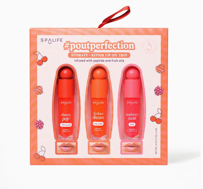SpaLife lip oil trio set with packaging on a white background