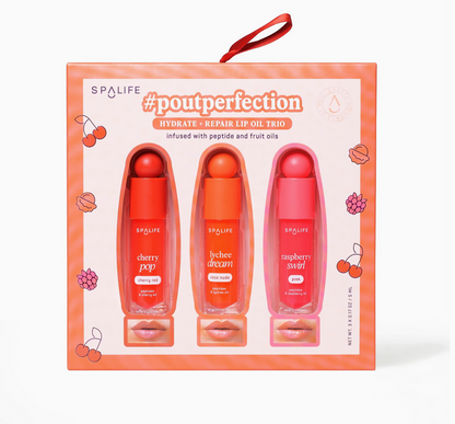 SpaLife lip oil trio set with packaging on a white background