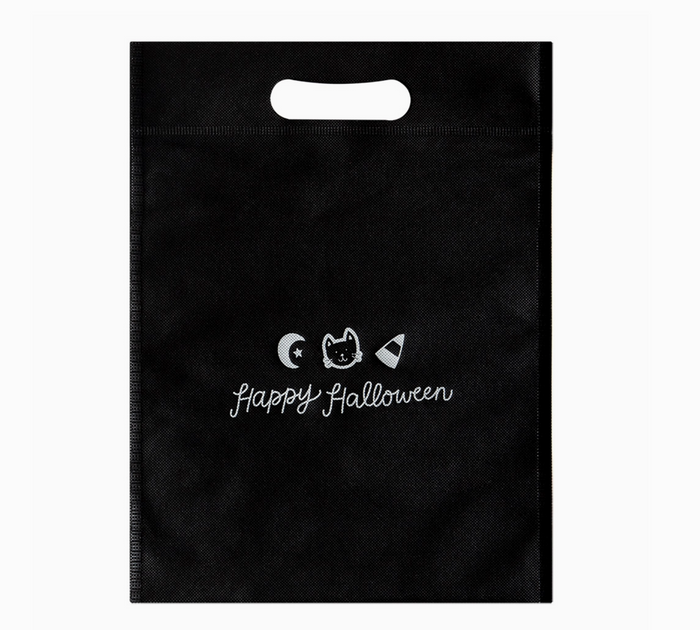 Black Halloween bag with white text and icons on a white background
