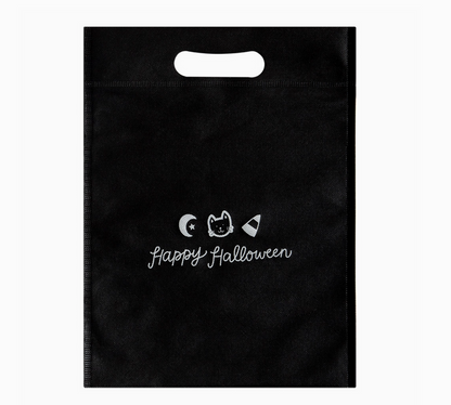 Black Halloween bag with white text and icons on a white background