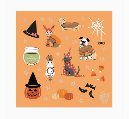 Halloween-themed decorative paper with cartoon animals and icons on an orange background