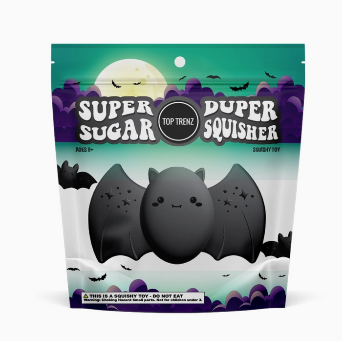 Super Sugar Duper Squisher toy packaging with a bat design on a teal background