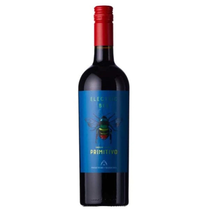 Electric Bee Primitivo 2021 wine bottle with blue bee label and red cap