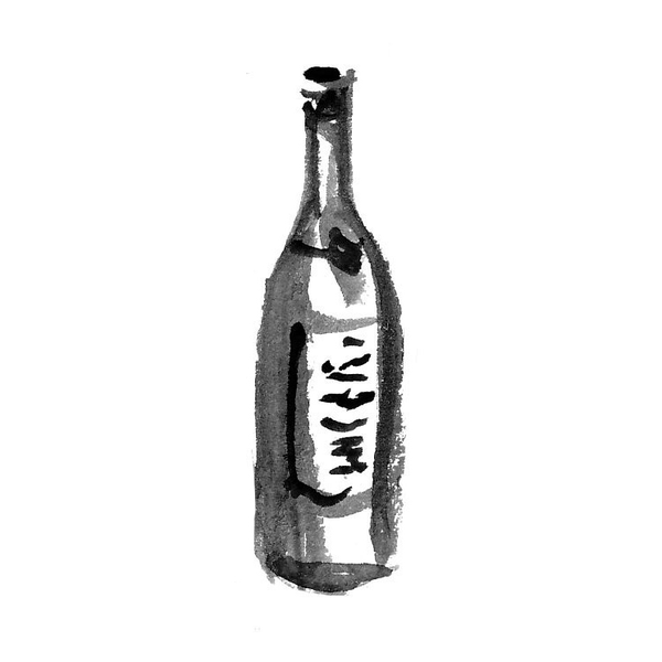 Wine bottle illustration with long neck and label, shown in grayscale sketch style