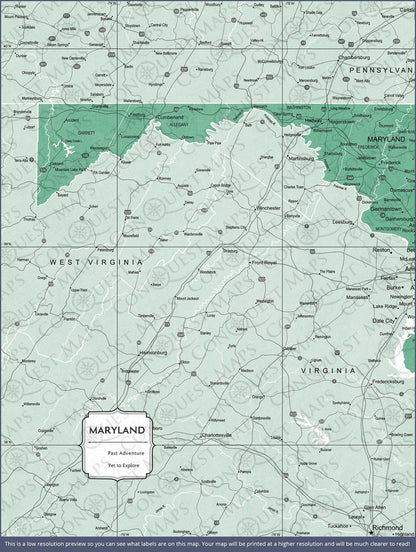 Push Pin Maryland Map (Pin Board) - Green Color Splash CM Pin Board