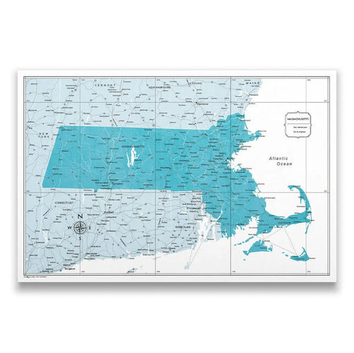 Push Pin Massachusetts Map (Pin Board) - Teal Color Splash CM Pin Board