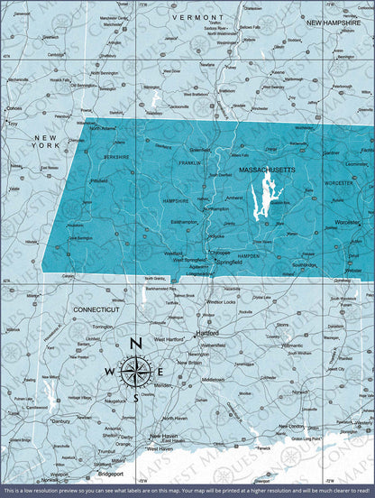 Push Pin Massachusetts Map (Pin Board) - Teal Color Splash CM Pin Board