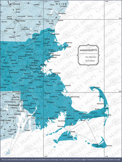 Push Pin Massachusetts Map (Pin Board) - Teal Color Splash CM Pin Board