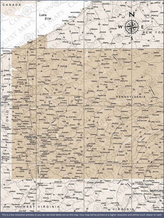 Push Pin Pennsylvania Map (Pin Board) - Light Brown Color Splash CM Pin Board