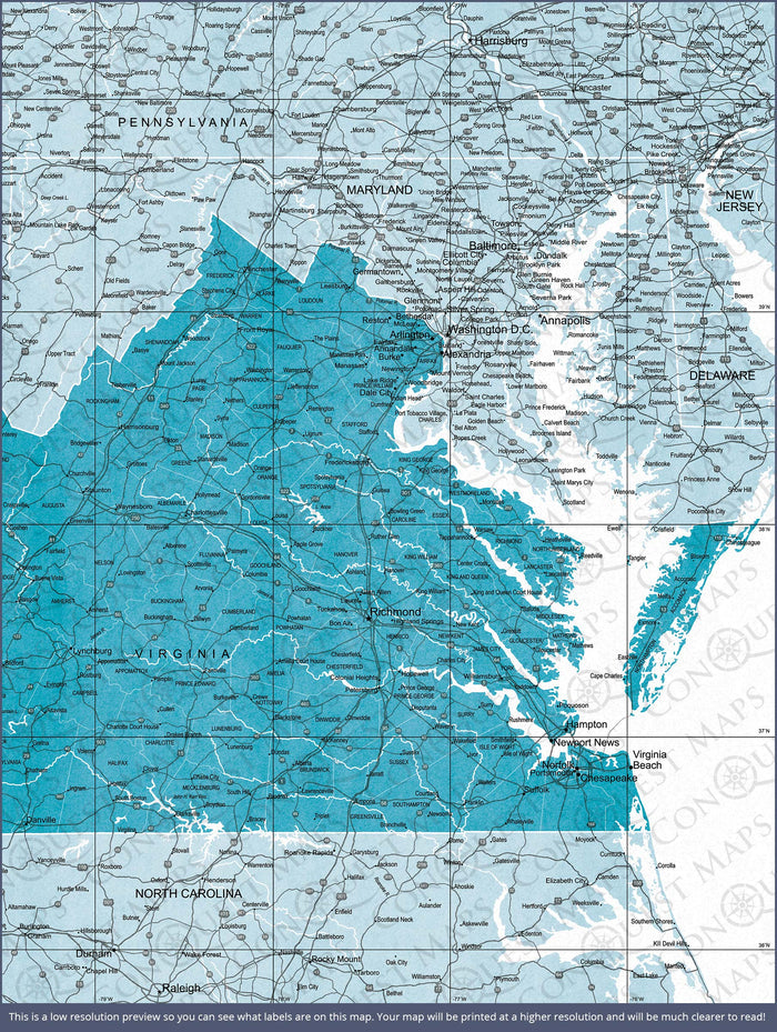 Push Pin Virginia Map (Pin Board) - Teal Color Splash CM Pin Board