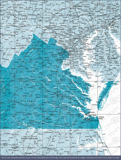 Push Pin Virginia Map (Pin Board) - Teal Color Splash CM Pin Board