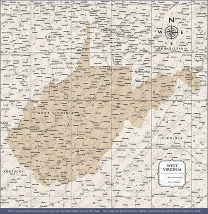 Push Pin West Virginia Map (Pin Board) - Light Brown Color Splash CM Pin Board