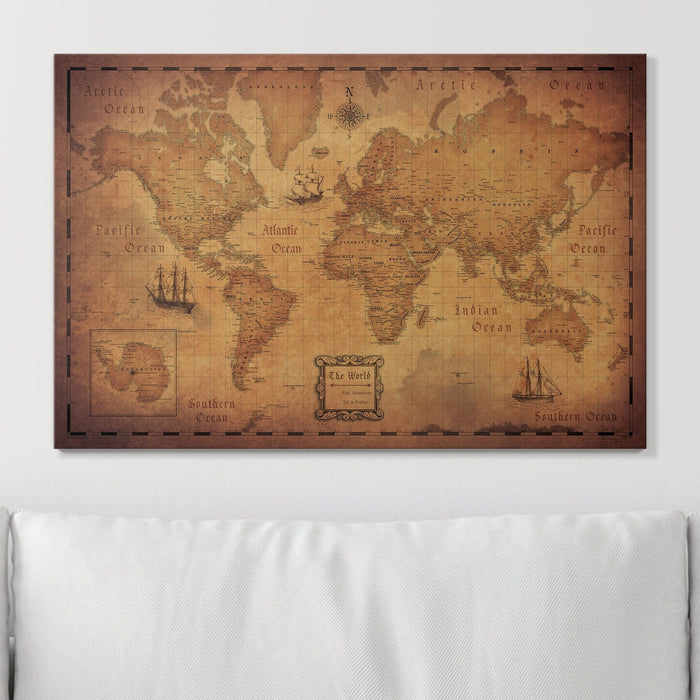 Push Pin World Map - Golden Aged - Overstock Sale CM Pin Board