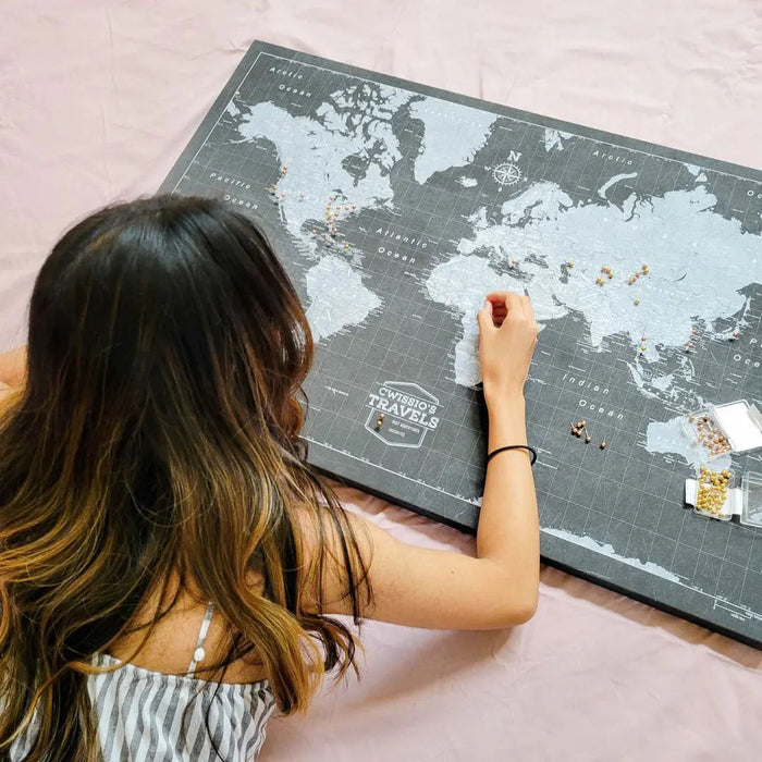 Push Pin World Map - Modern Slate CM Pin Board