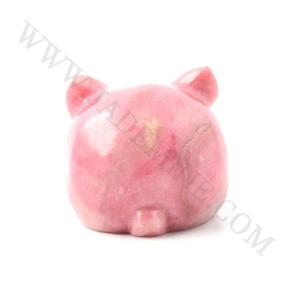 Pink rhodonite rabbit sculpture shown from behind with a rounded body and ears