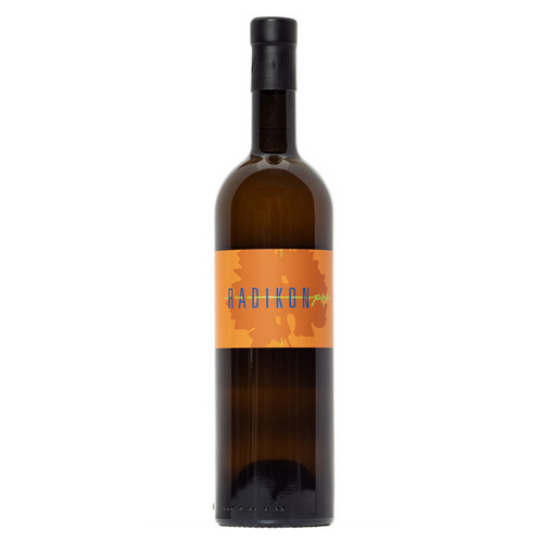 Radikon Pop Bianco wine bottle, orange label on dark glass with black cap.
