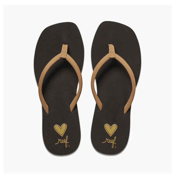 Reef Seas Ladies Flip Flops Cocoa, brown base with tan straps and heart logo design