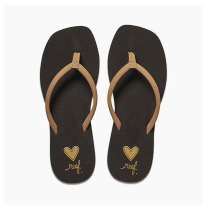 Reef Seas Ladies Flip Flops Cocoa, brown base with tan straps and heart logo design