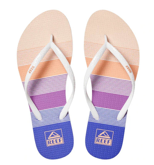 Reef flip flops with striped purple, orange, and blue design for beachwear