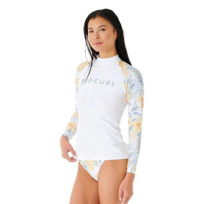 Rip Curl white long-sleeve rash guard with floral sleeves for watersports