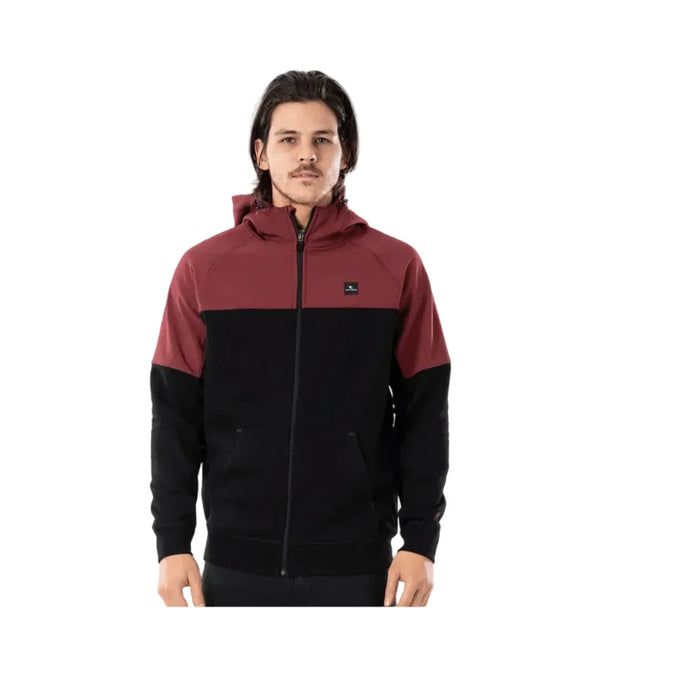 Rusty brand black and maroon zip-up hoodie for watersports