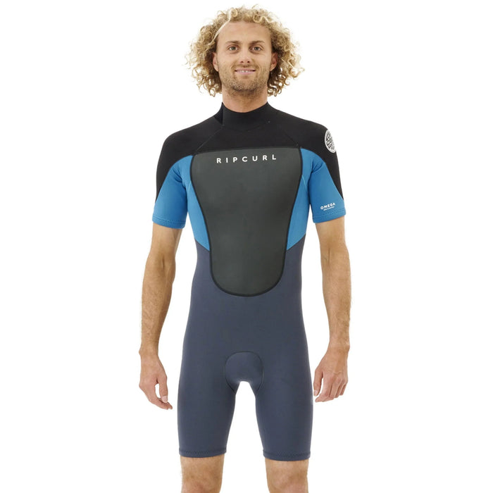 Rip Curl Omega short-sleeve wetsuit in blue and black for watersports
