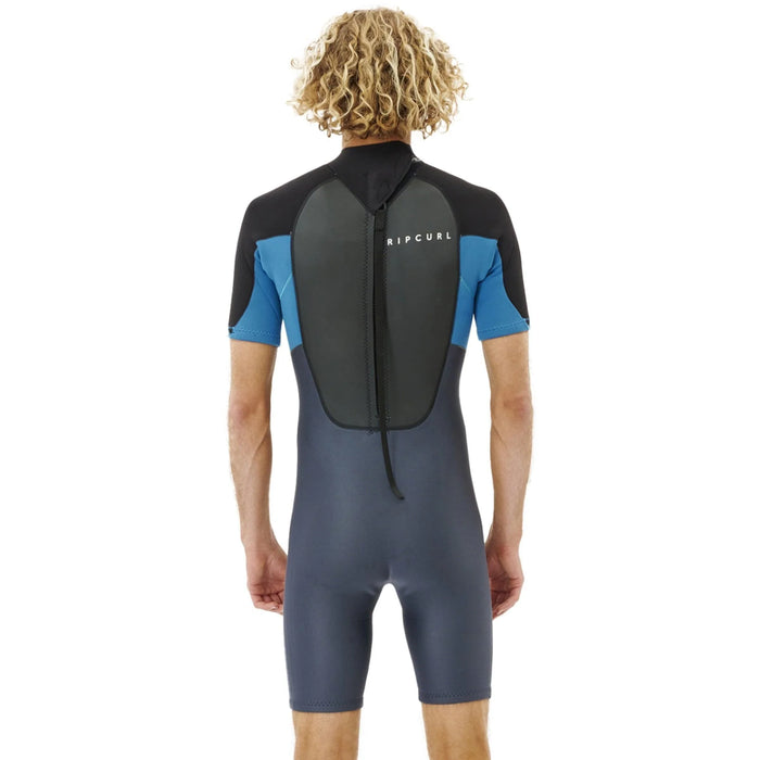Rip Curl short-sleeve wetsuit with blue and black panels, back view