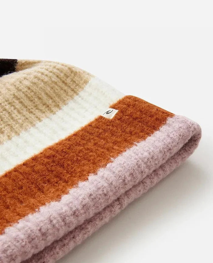 Rip Curl Sessions Regular Pom Pom Beanie with pastel stripe knit design