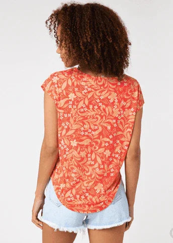 Rip Curl Sun Rays Reverse Ladies Tee in red with floral print, shown from the back