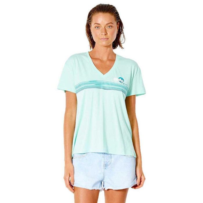 Mint V-neck surf tee with blue stripes, ideal for watersports and beachwear