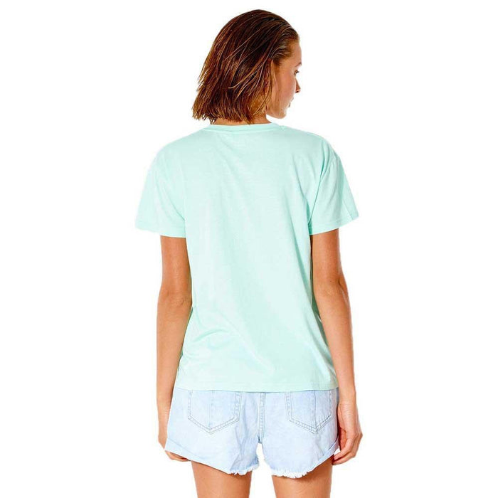 Mint green t-shirt and light denim shorts for watersports fashion