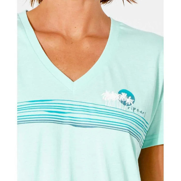 Rip Curl mint V-neck t-shirt with palm tree graphic and striped design