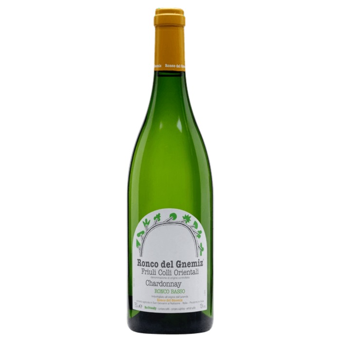 Ronco del Gnemiz Ronco Basso Chardonnay bottle with green glass and yellow cap