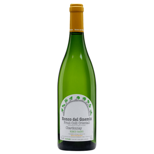 Ronco del Gnemiz Ronco Basso Chardonnay bottle with green glass and yellow cap