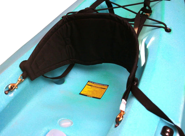 RUK Basic Kayak Seat Back with straps attached to blue kayak interior