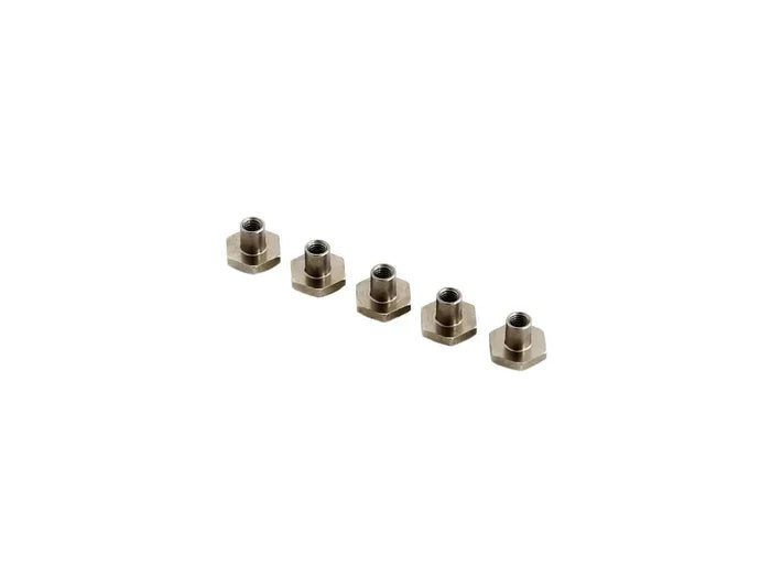 Five metallic hex standoffs for watersports gear hardware, silver finish, isolated on white