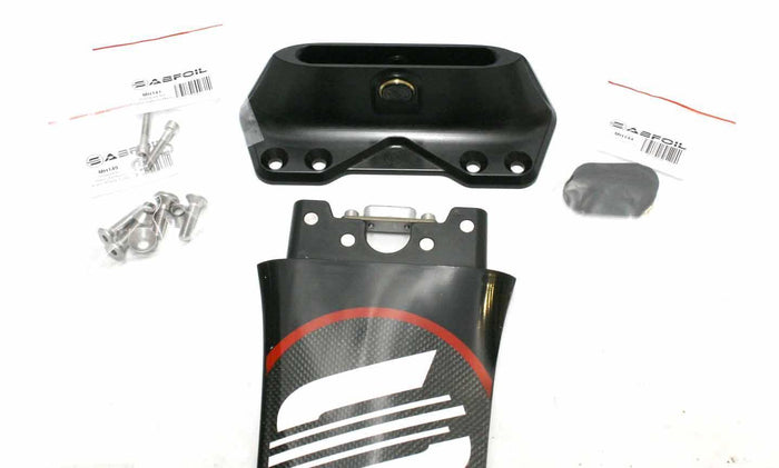 ABFOIL wing foil mast base with carbon fiber fin, black and red design, includes mounting hardware