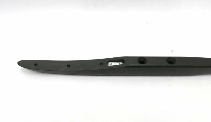 Black surfboard fin with mounting holes and brand logo, ideal for watersports gear