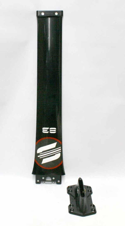 Black wing foil with white and red logo, includes mounting base for watersports gear