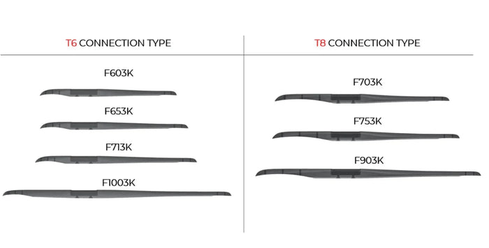 Foil wings diagram: T6 & T8 connection types, models F603K to F1003K for wing foil gear