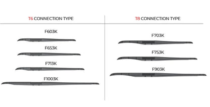 Foil wings diagram: T6 & T8 connection types, models F603K to F1003K for wing foil gear