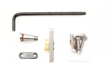 Silver and gold paddleboard fin mount kit with Allen key and stainless bolts, watersports gear