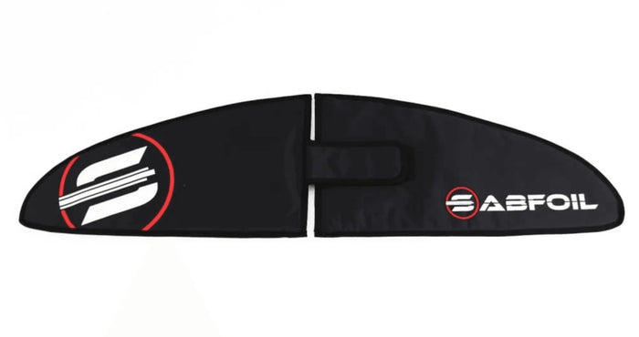 Sabfoil black wing foil with red and white logo, watersports gear