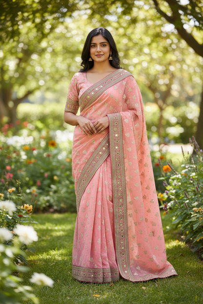 SALE - Coral saree with contrast border , Bollywood, Weddings - SEP5716 04CP17