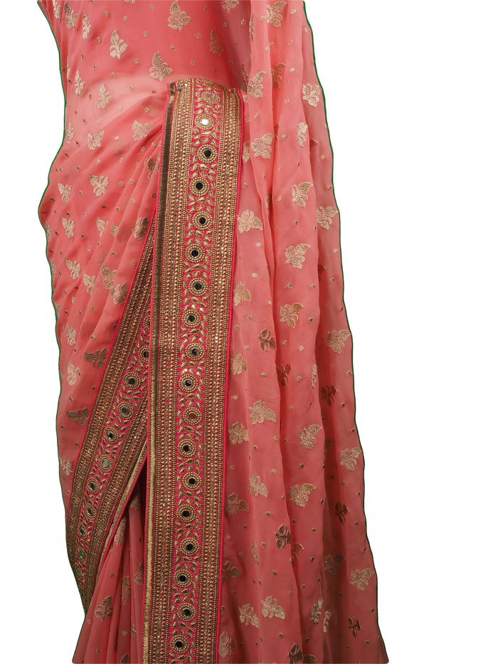 SEP5716 04CP17 - Coral saree with contrast border , Bollywood, Weddings - Prachy Creations