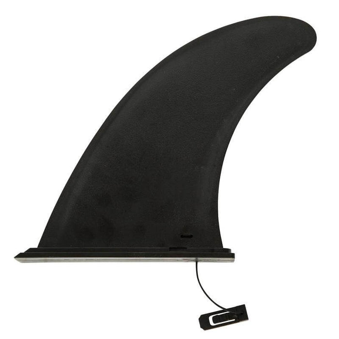 Black surfboard fin with secure attachment, ideal for paddleboarding and surfing adventures.