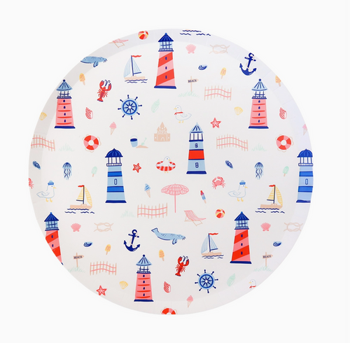 Round plate with nautical-themed pattern featuring lighthouses, anchors, and boats on a white background.