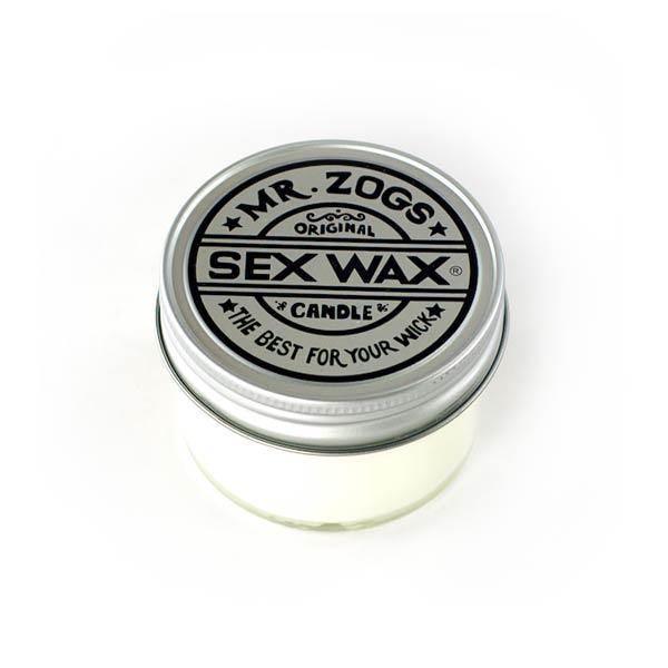 Mr. Zogs Sex Wax Candle 4oz in metal tin, surf wax scented, close-up on white background