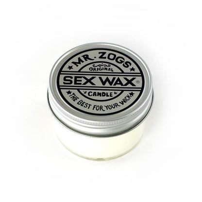 Mr. Zogs Sex Wax Candle 4oz in metal tin, surf wax scented, close-up on white background