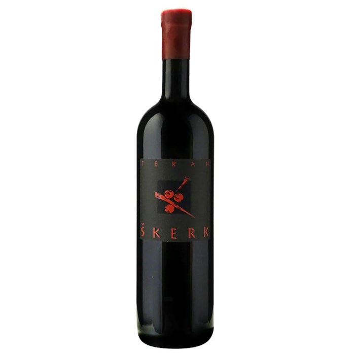 Skerk wine bottle with red wax seal and dark red label